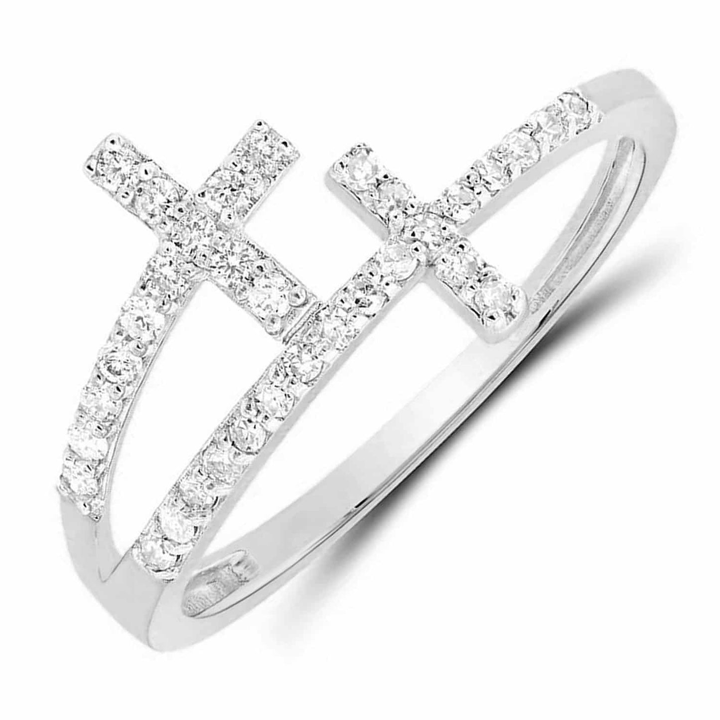 0.20CTW Real Diamond 10K White Gold Sideways Double Cross Ring