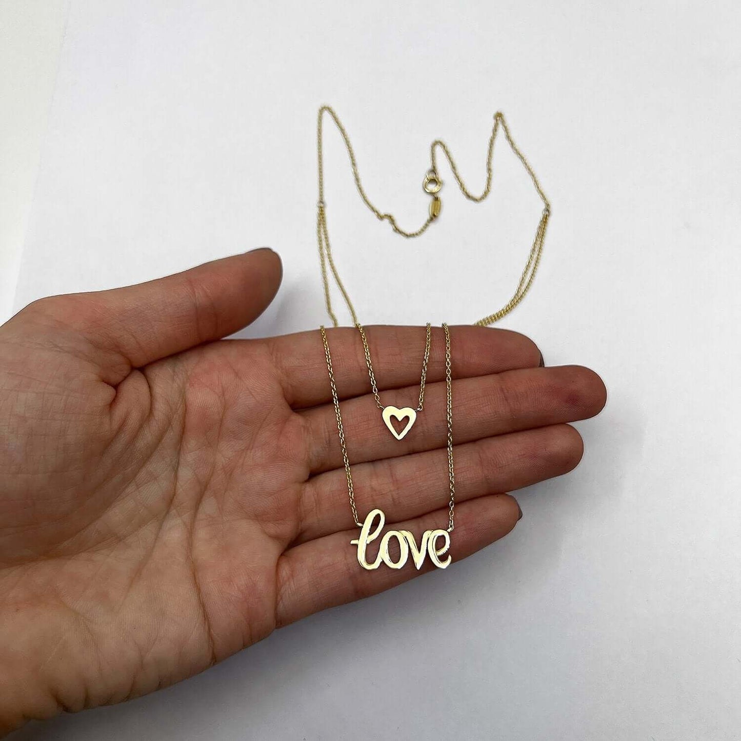 10K Yellow Gold Multi Layered Cable Chain Heart "Love" Pendant Necklace 17"