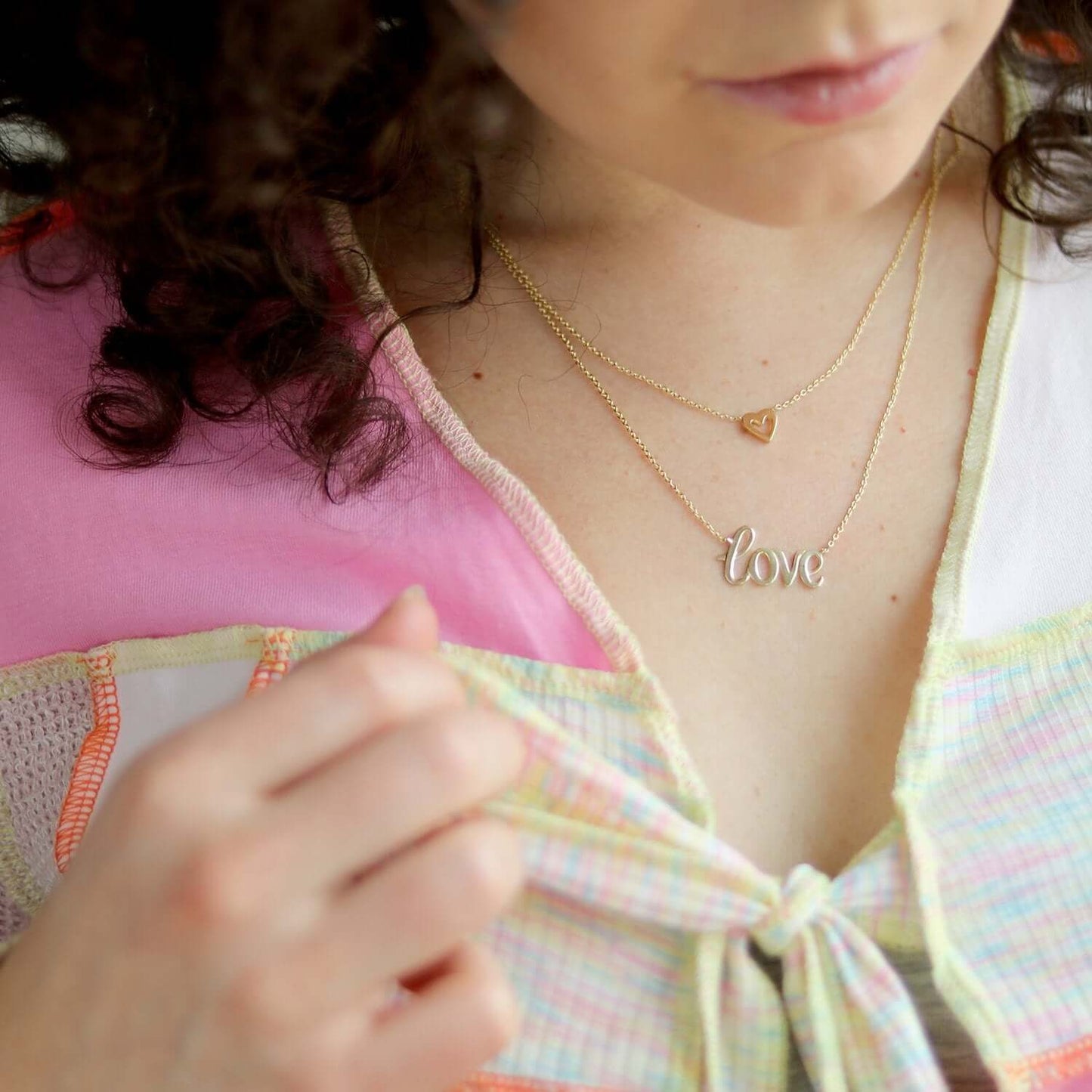 10K Yellow Gold Multi Layered Cable Chain Heart "Love" Pendant Necklace 17"