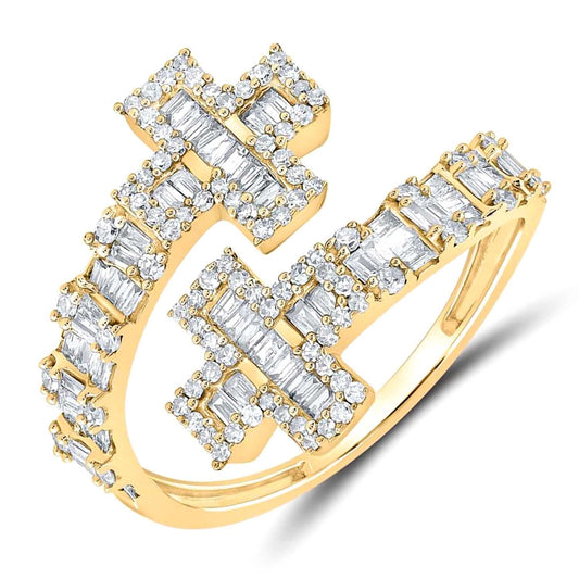 0.71CTW Natural Diamond 10K Yellow Gold Round Baguette Bypass Cuff Ring