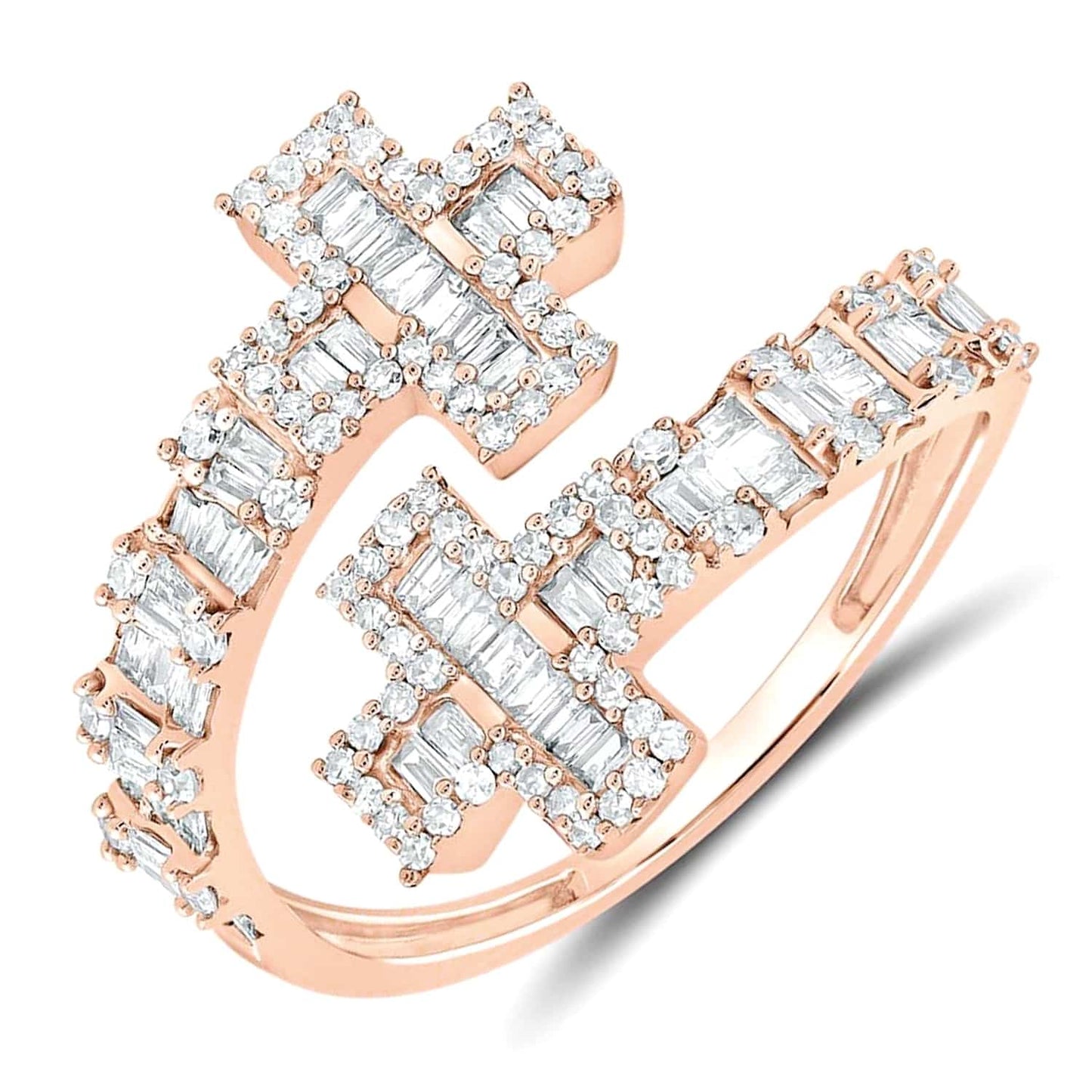 0.71CTW Real Diamond 10K Rose Gold Round Baguette Bypass Cuff Ring