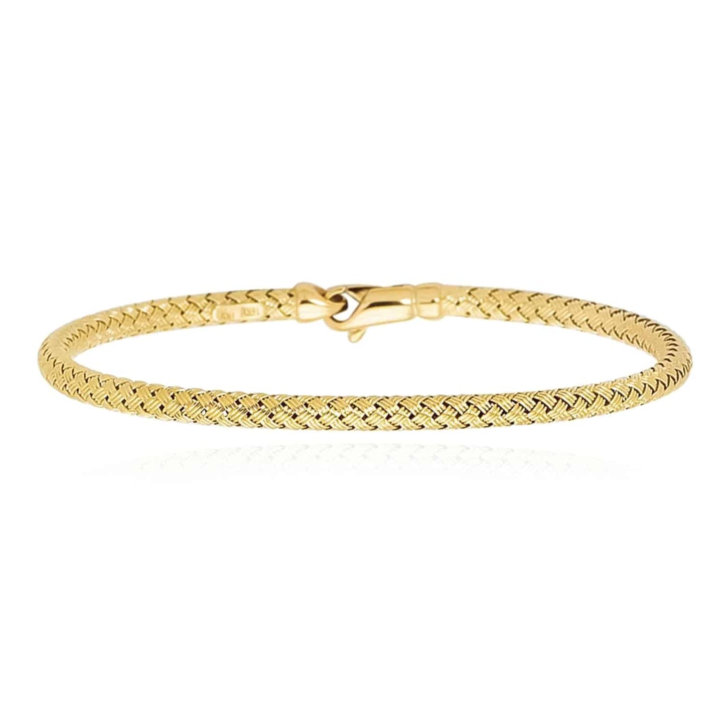 14K Yellow Gold White Rose 3.4mm Woven Bangle Bracelet 7.25"