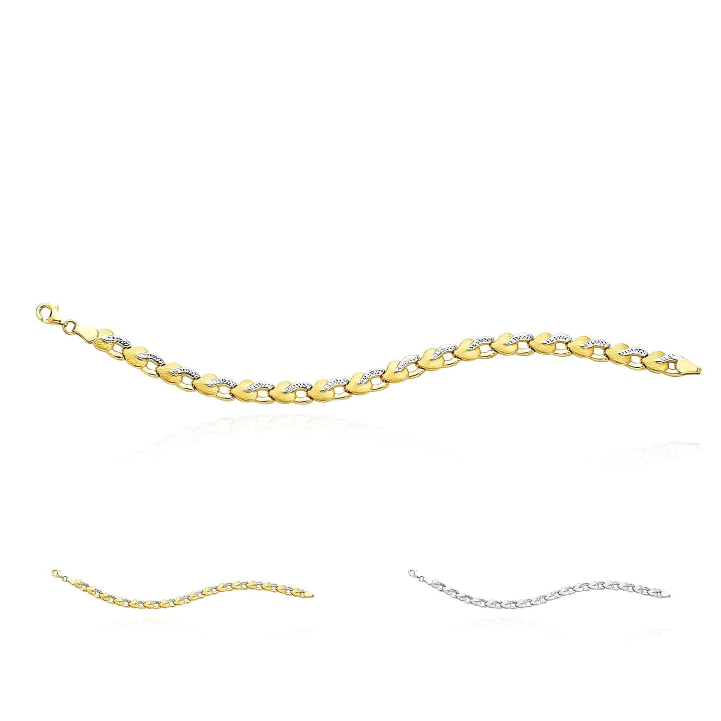 14K Gold Two-Tone White Yellow Diamond-Cut Heart Stampato Bracelet 7.25"