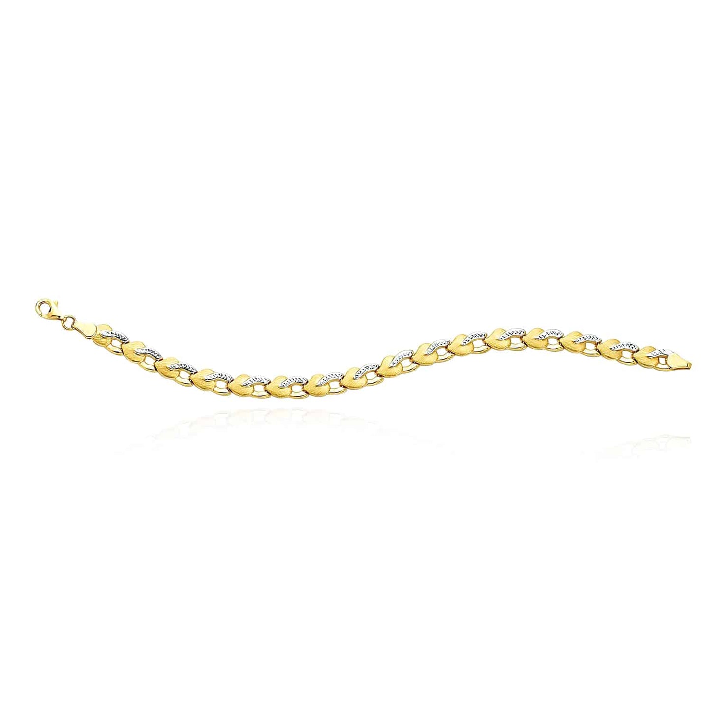 14K Gold Two-Tone White Yellow Diamond-Cut Heart Stampato Bracelet 7.25"