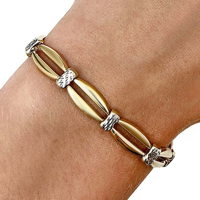 14K Gold Two-Tone Yellow White Diamond-Cut Station Stampato Bracelet 7.25"