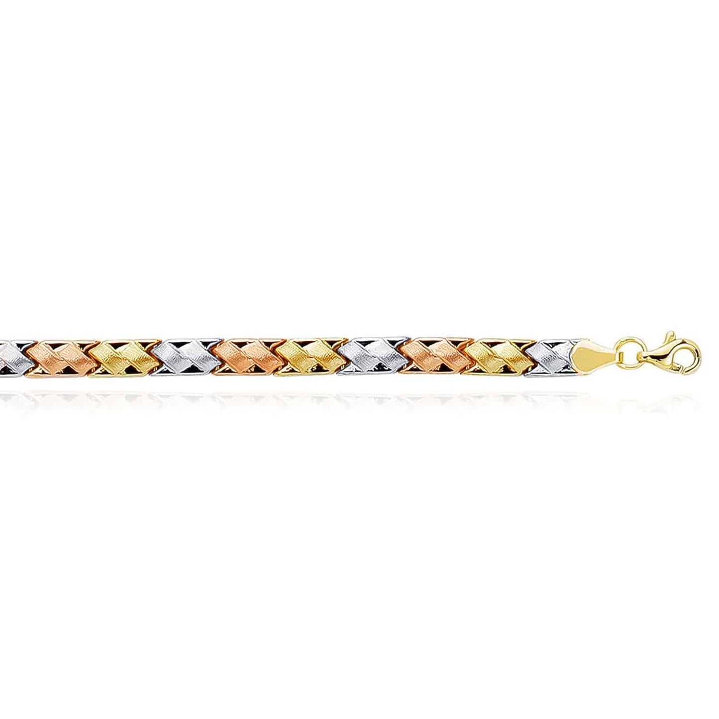 14K Gold Tri-Color Yellow White Rose 5mm Satin Woven Stampato Bracelet 7.25"