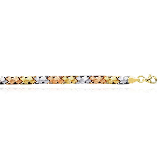 14K Tri-Color Yellow White Rose Gold 5mm Satin Woven Stampato Bracelet (Hollow) 7.25"