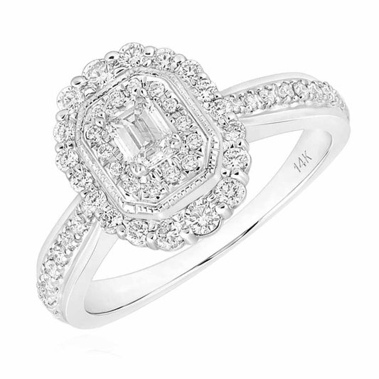0.58CTW Natural Diamond Emerald 14K Gold White Halo Bridal Engagement Ring