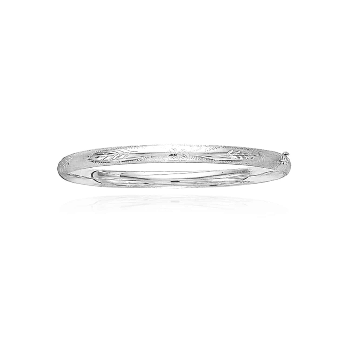 14K Yellow Gold White 5mm Diamond-Cut Floral Pattern Bangle Bracelet 5.5"-8"