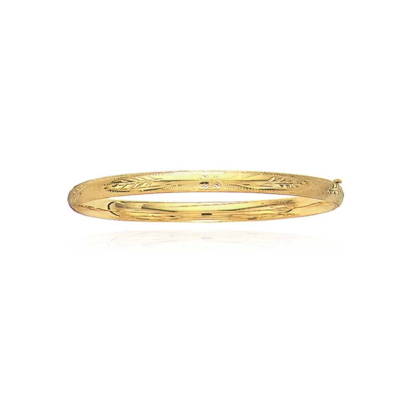 14K Yellow Gold White 5mm Diamond-Cut Floral Pattern Bangle Bracelet 5.5"-8"