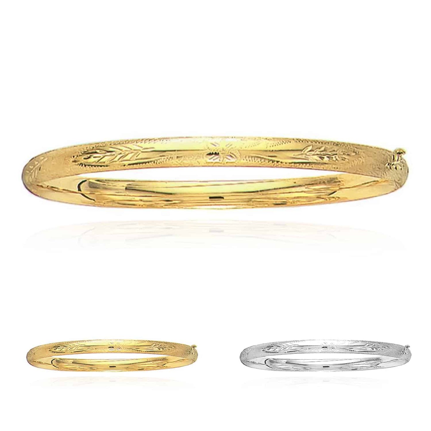 14K Yellow Gold White 5mm Diamond-Cut Floral Pattern Bangle Bracelet 5.5"-8"