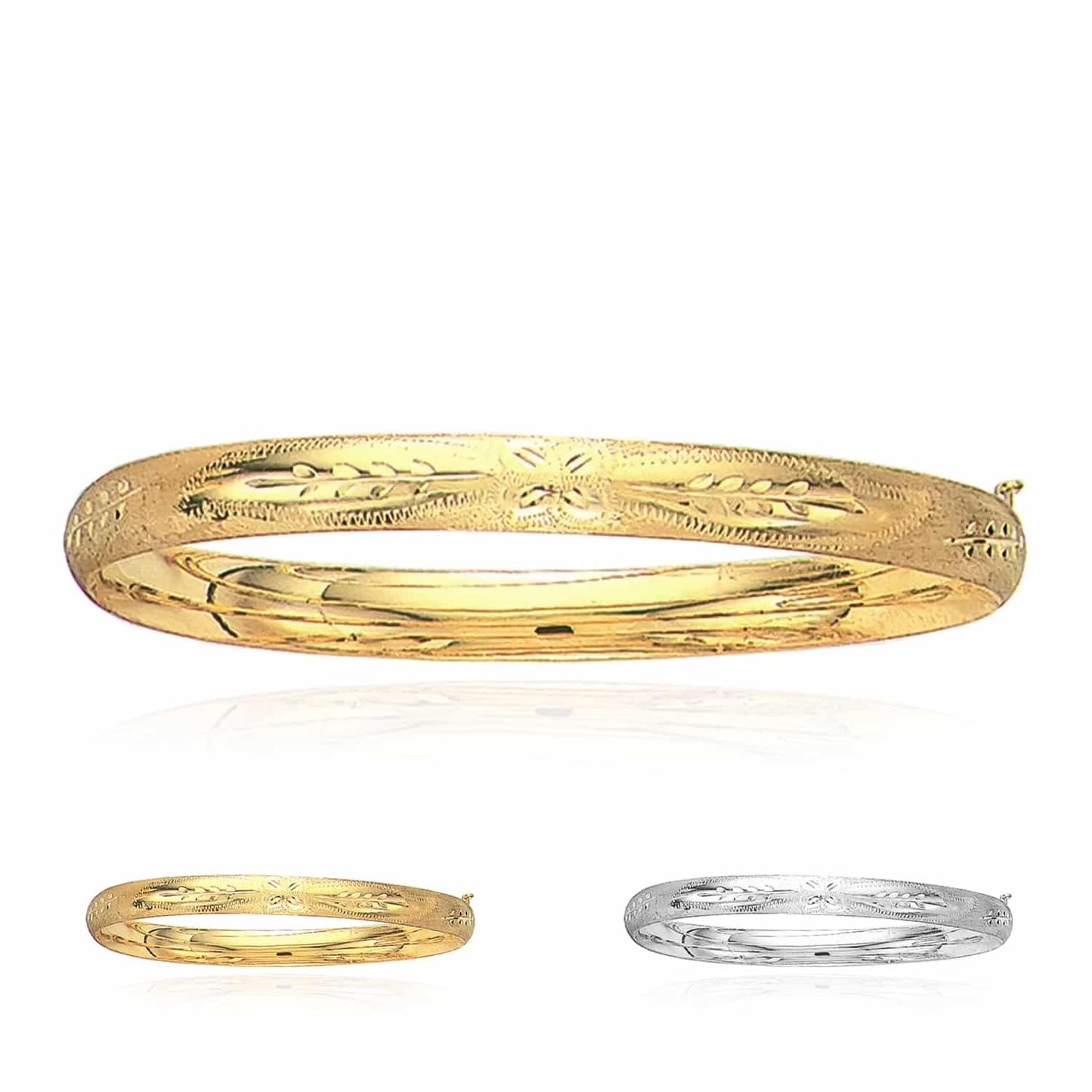 14K Yellow Gold White 6mm Diamond-Cut Floral Pattern Bangle Bracelet 7" 8"