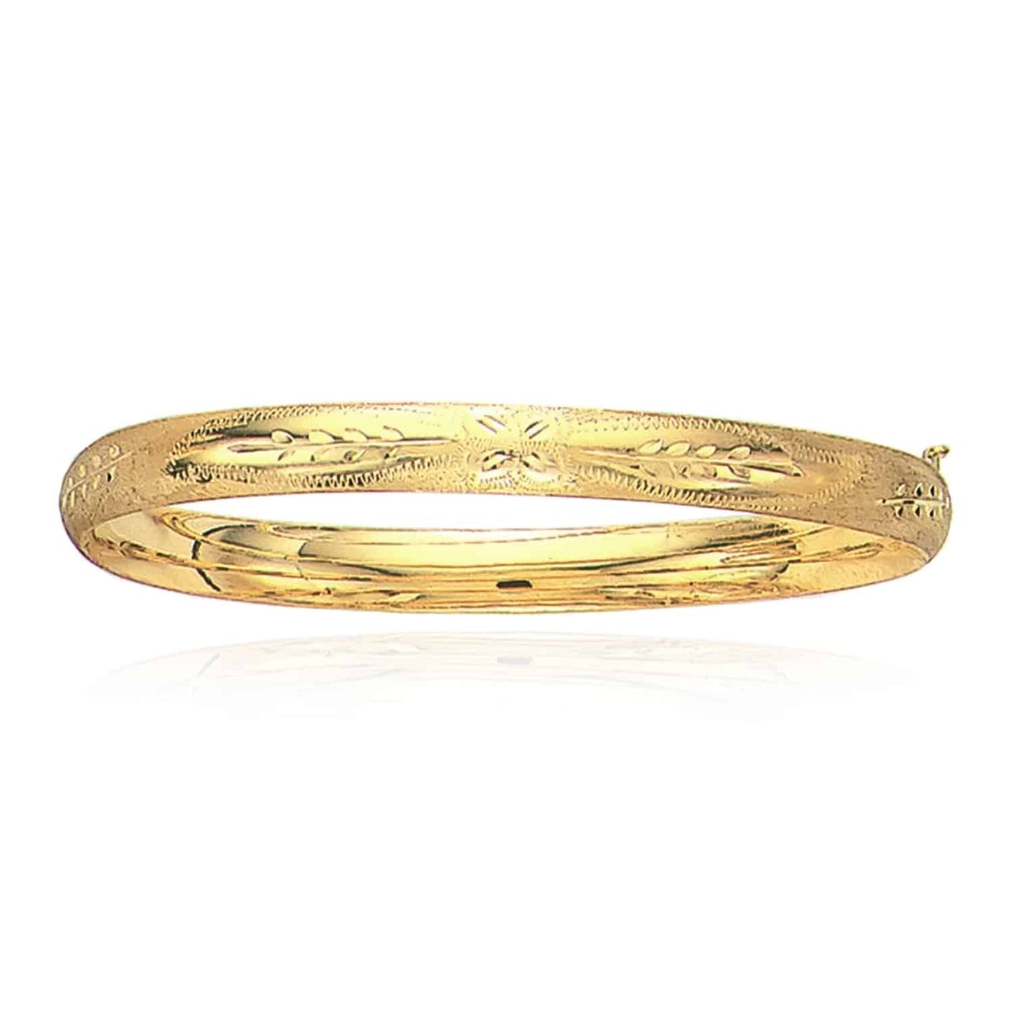 14K Yellow Gold White 6mm Diamond-Cut Floral Pattern Bangle Bracelet 7" 8"