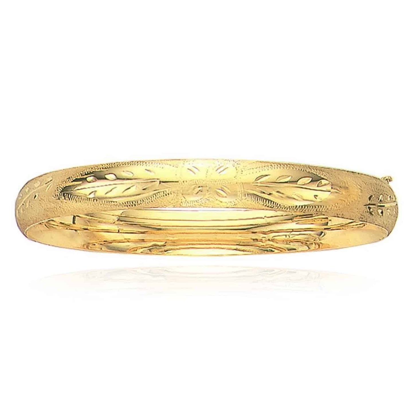 14K Gold Yellow White 8mm Diamond-Cut Floral Pattern Bangle Bracelet 7"-8"