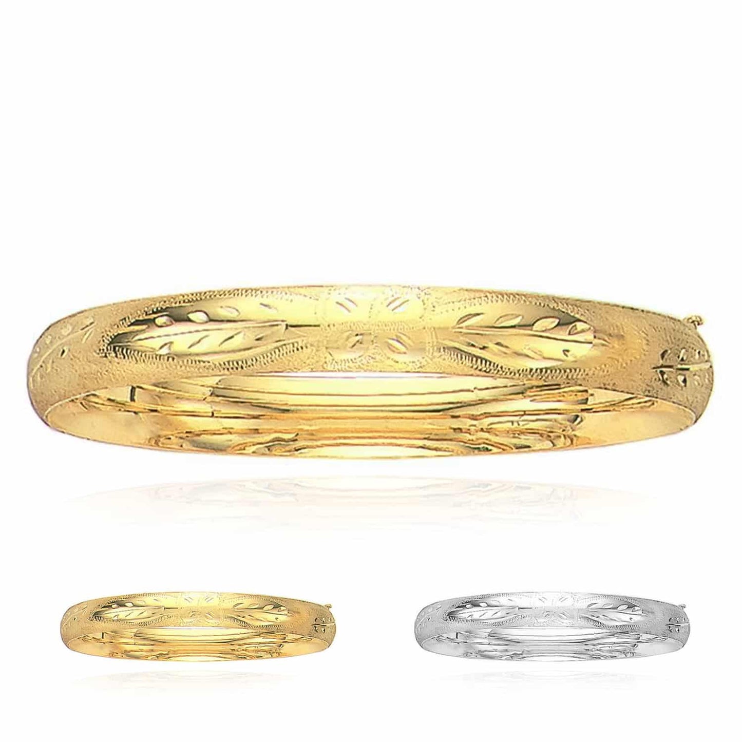 14K Gold Yellow White 8mm Diamond-Cut Floral Pattern Bangle Bracelet 7"-8"