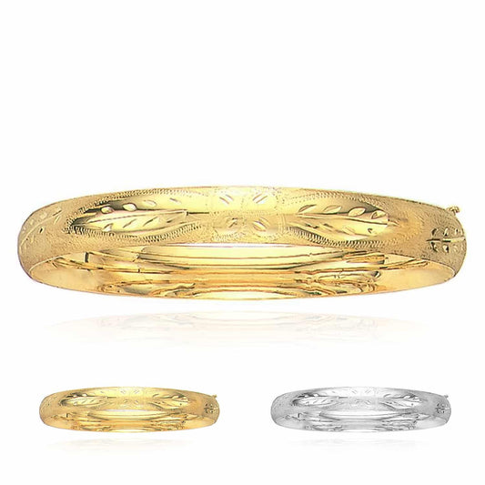 14K Yellow Gold White 8mm Diamond-Cut Floral Pattern Bangle Bracelet (Hollow) 7"-8"