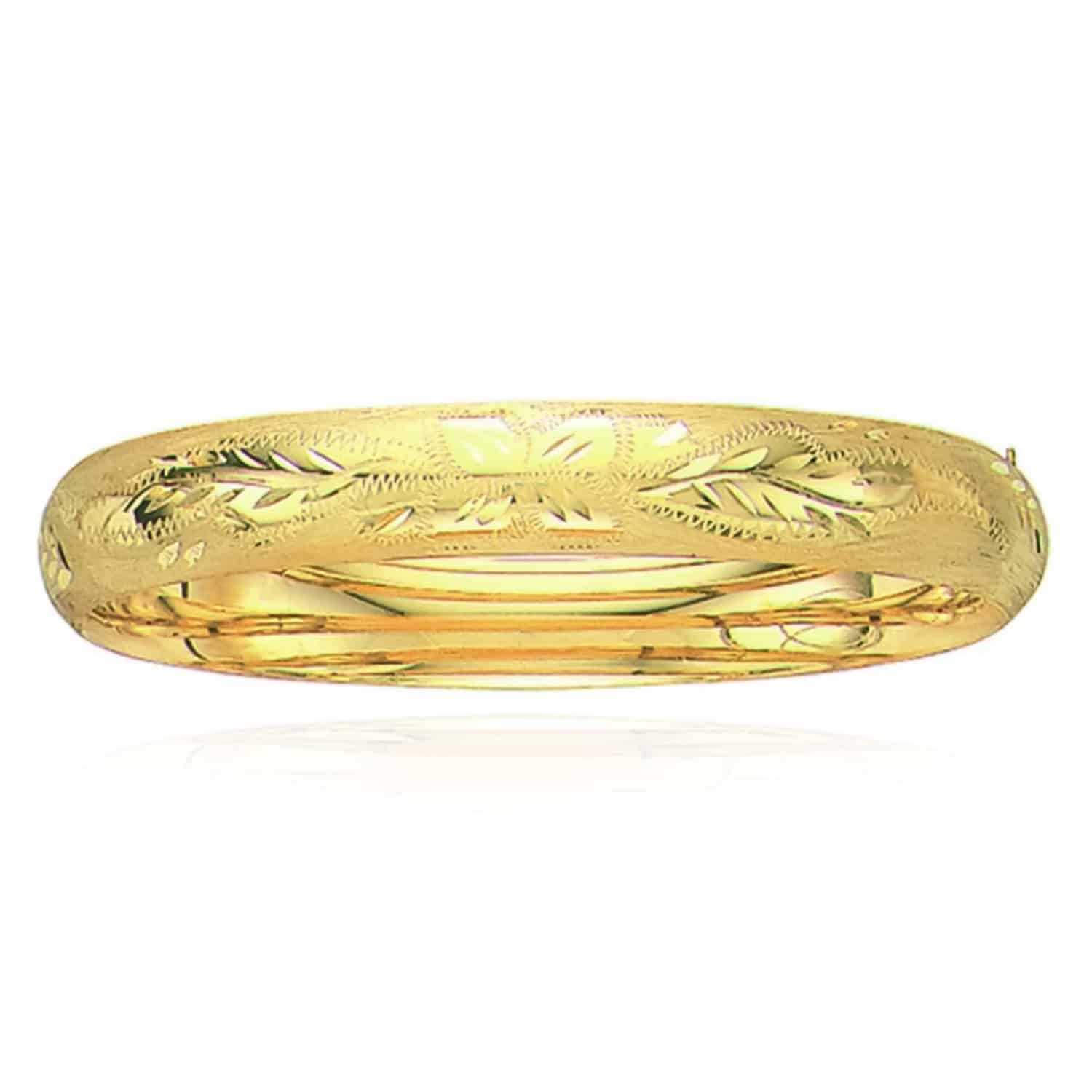 14K Yellow Gold 10mm Diamond-Cut Floral Pattern Bangle Bracelet