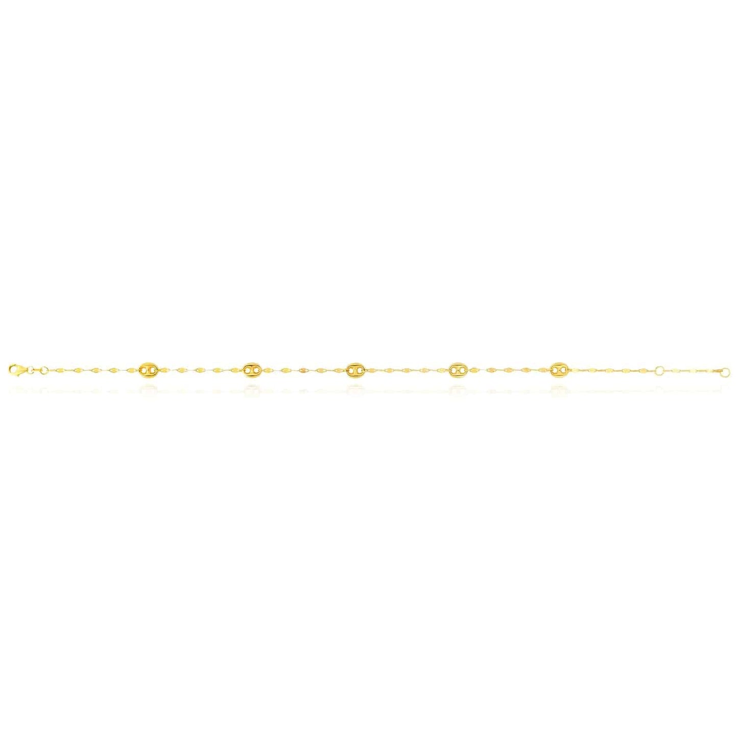 14K Gold Yellow Mirror Puffed Anchor Mariner Station Anklet Bracelet 10"