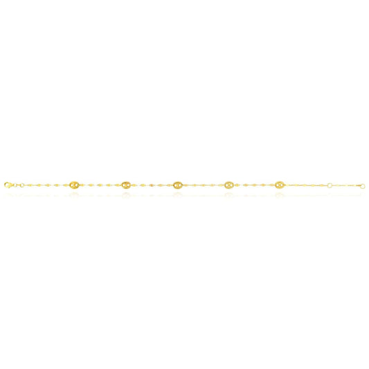 14K Yellow Gold Mirror Puffed Anchor Mariner Station Anklet (Hollow) 10"