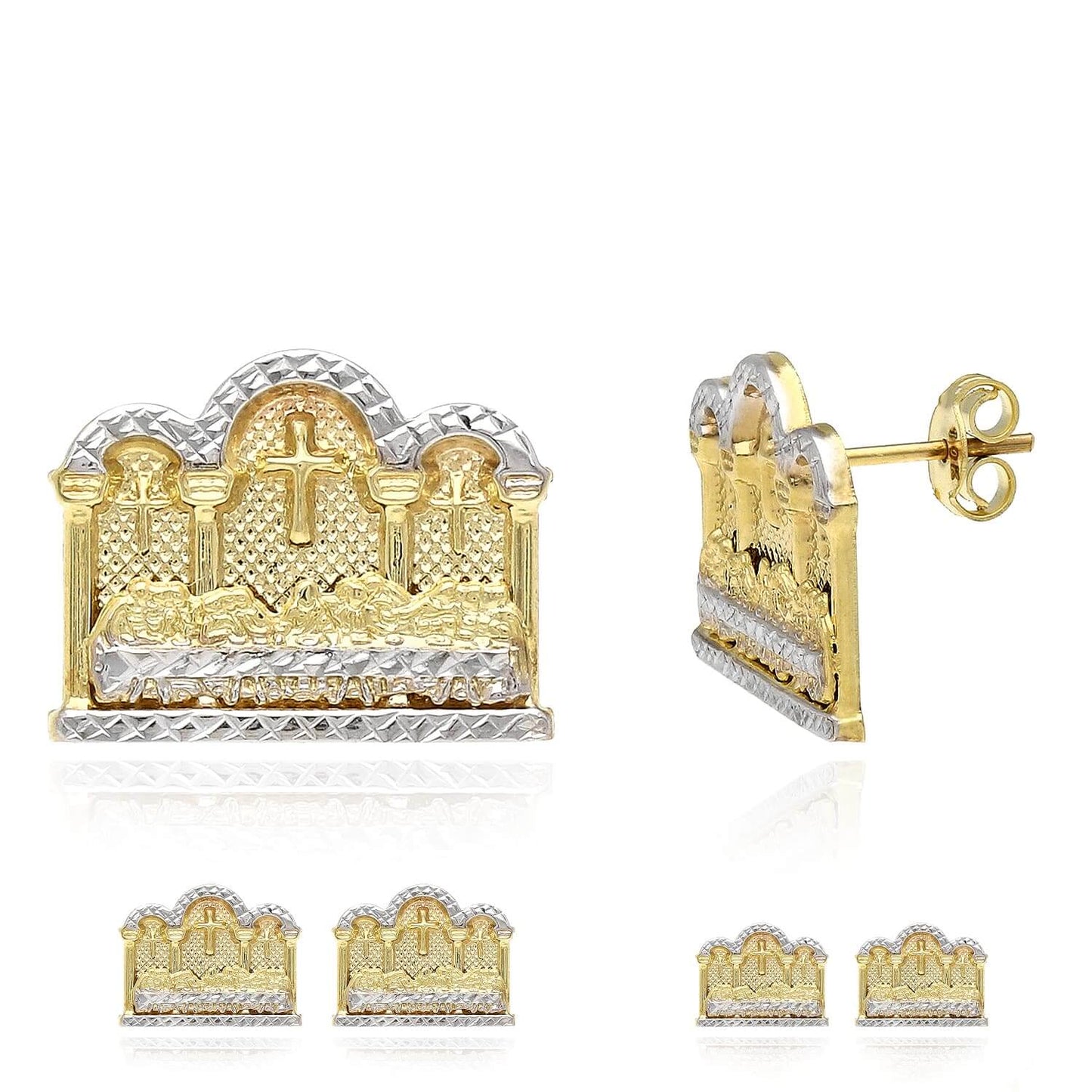 10K Gold Two-Tone Yellow White Diamond-Cut Last Supper Stud Earrings 10mm-16mm