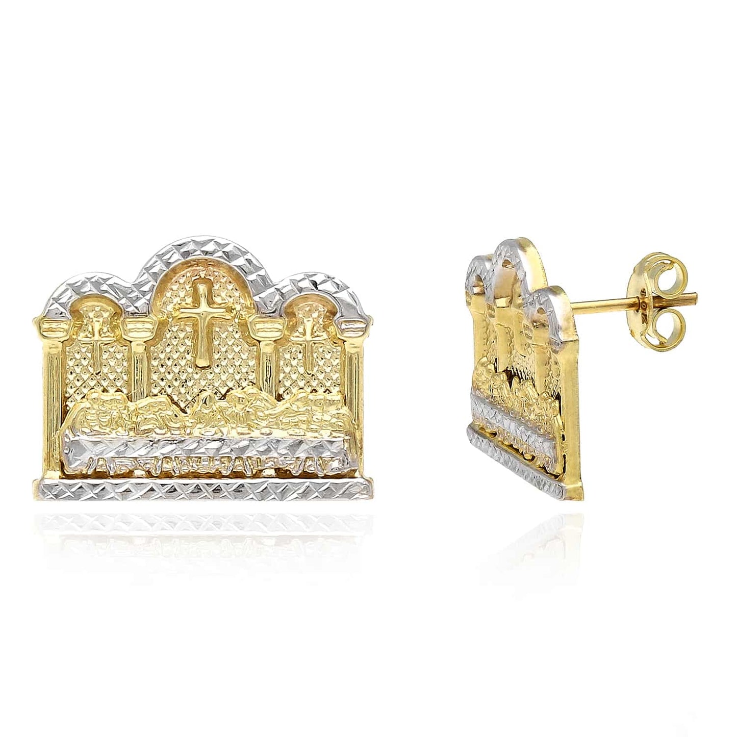 10K Gold Two-Tone Yellow White Diamond-Cut Last Supper Stud Earrings 10mm-16mm