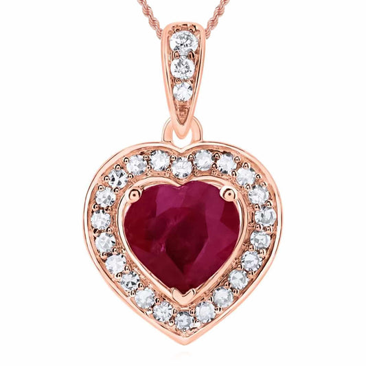 0.62CTW Natural Diamond 10K Rose Gold Halo Ruby Heart Pendant 0.5"