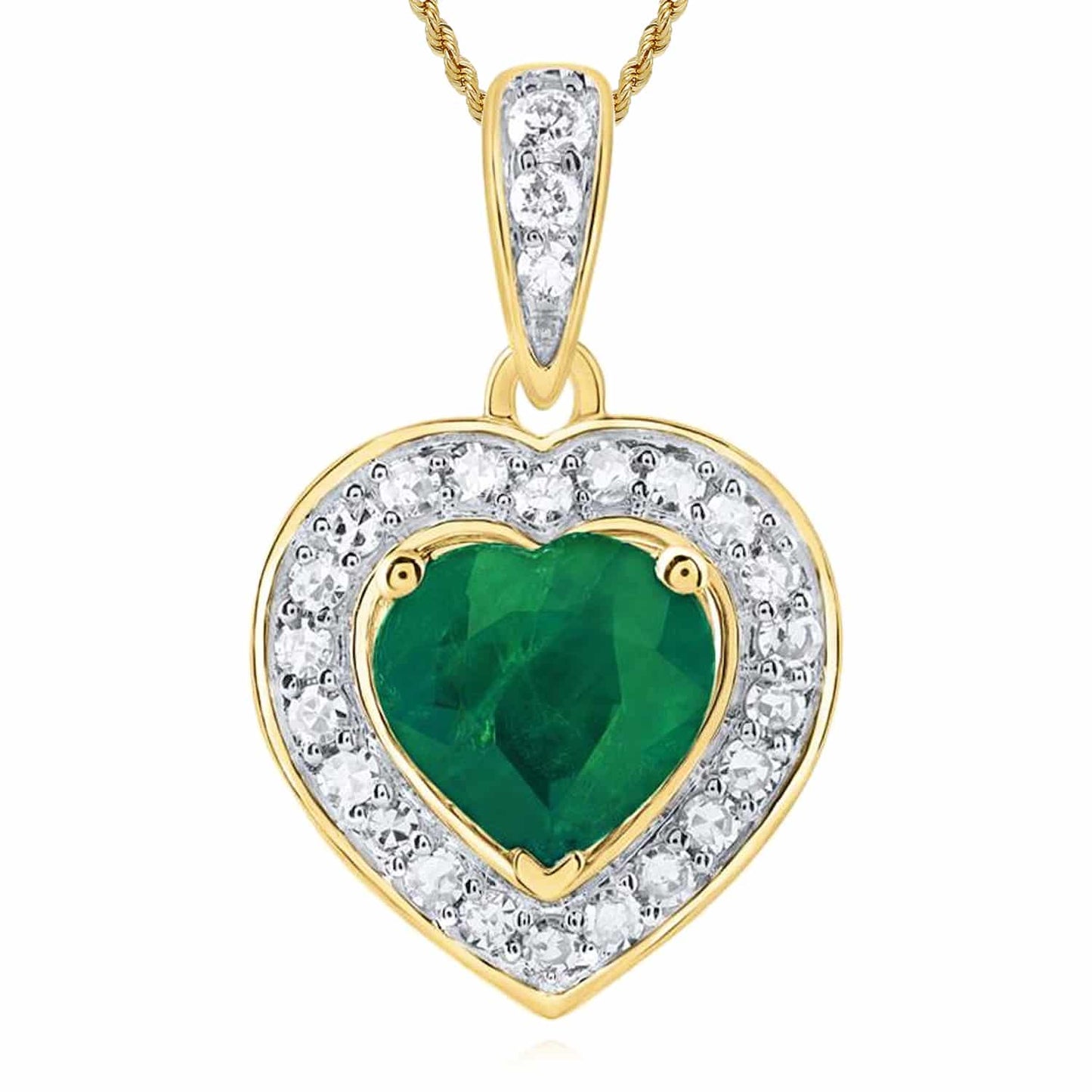 Real Diamond 10K Yellow Gold Green Emerald Halo Heart Pendant 0.5"