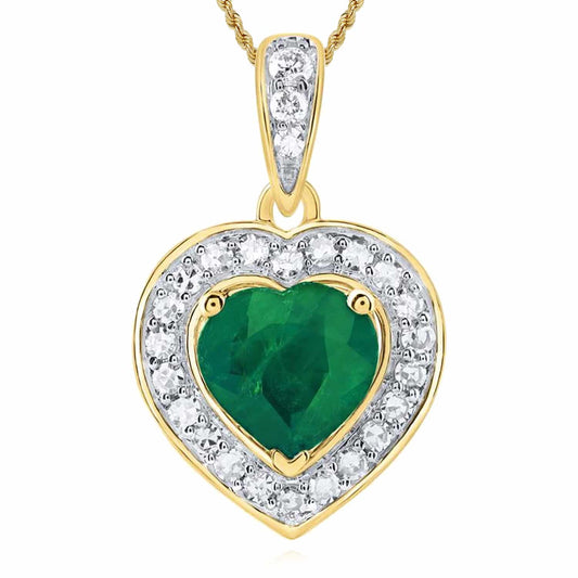 Natural Diamond 10K Yellow Gold Green Emerald Halo Heart Pendant 0.5"