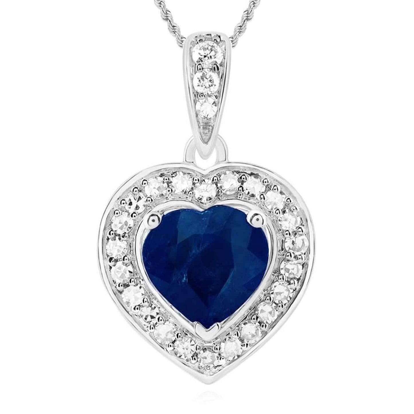 Real Diamond 10K White Gold Sapphire Halo Heart Pendant 0.5"