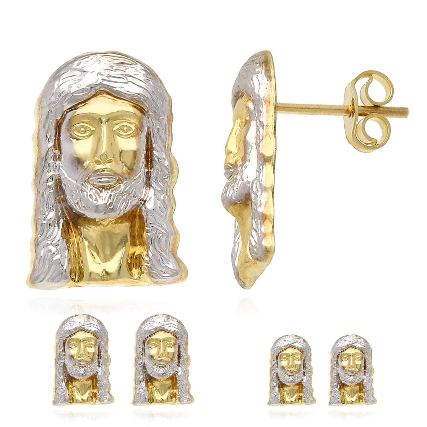 10K Gold Two-Tone Yellow White Diamond-Cut Jesus Head Stud Earrings 14mm-18mm