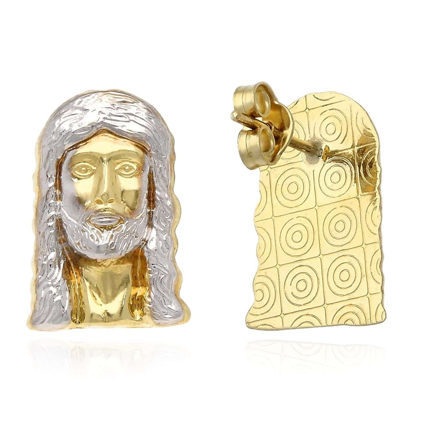 10K Gold Two-Tone Yellow White Diamond-Cut Jesus Head Stud Earrings 14mm-18mm
