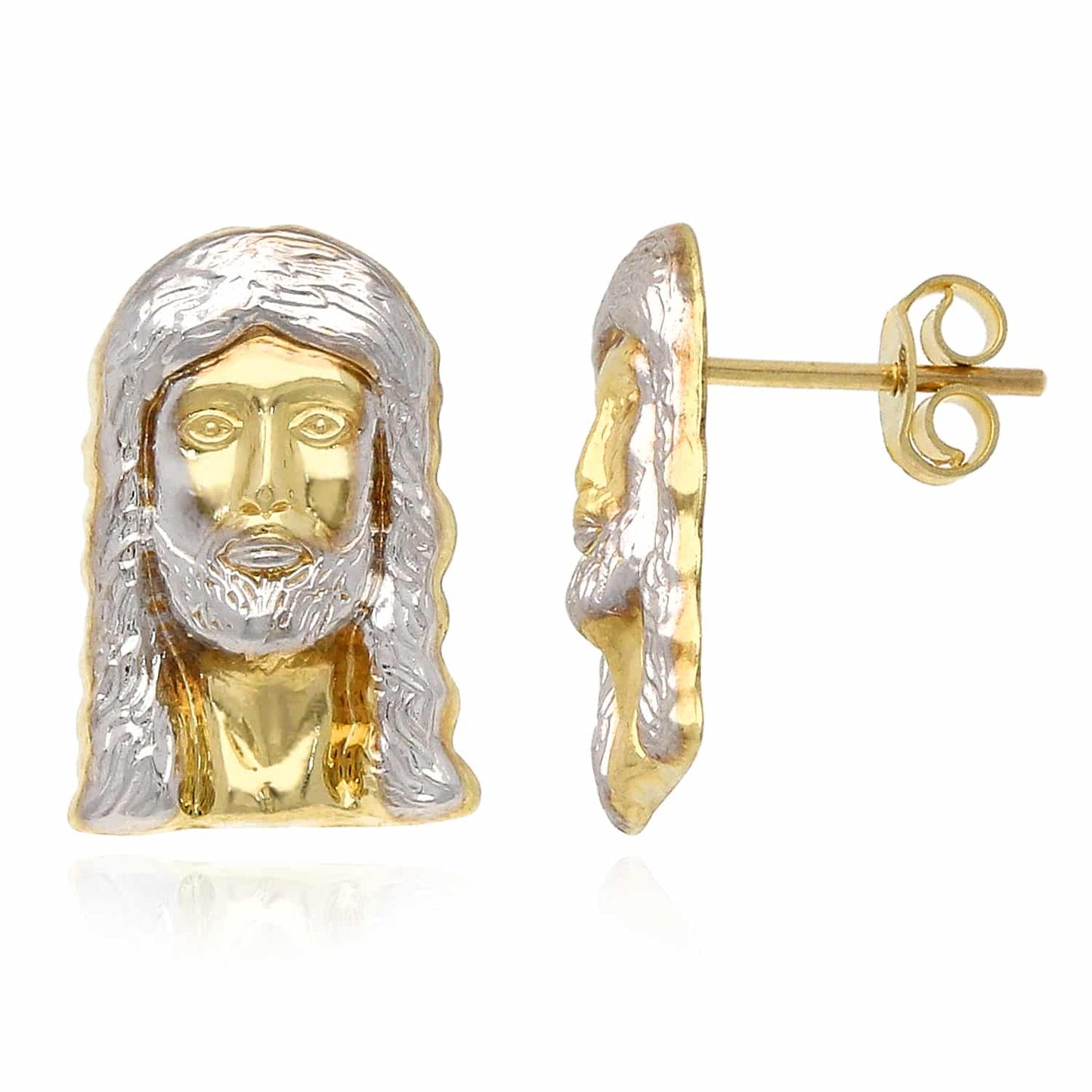 10K Gold Two-Tone Yellow White Diamond-Cut Jesus Head Stud Earrings 14mm-18mm