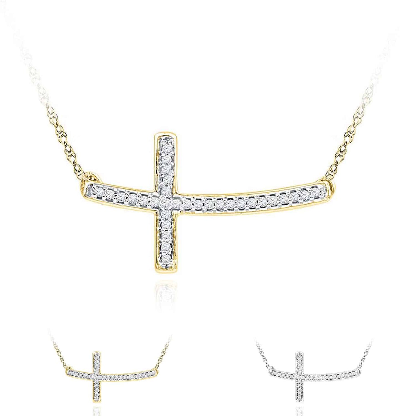 Real Diamond 10K Gold Yellow White Curved Sideways Cross Pendant Necklace 18"