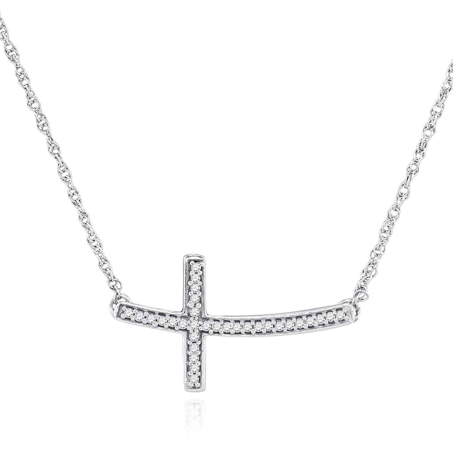 Real Diamond 10K Gold Yellow White Curved Sideways Cross Pendant Necklace 18"