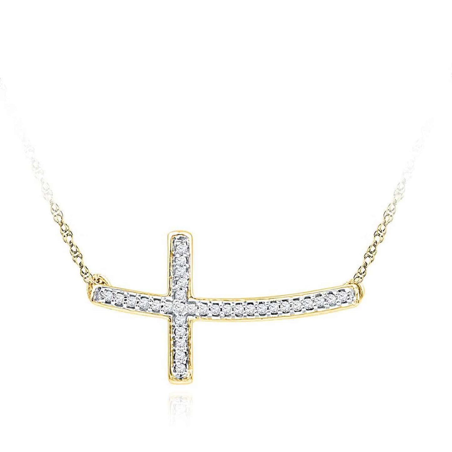 Real Diamond 10K Gold Yellow White Curved Sideways Cross Pendant Necklace 18"