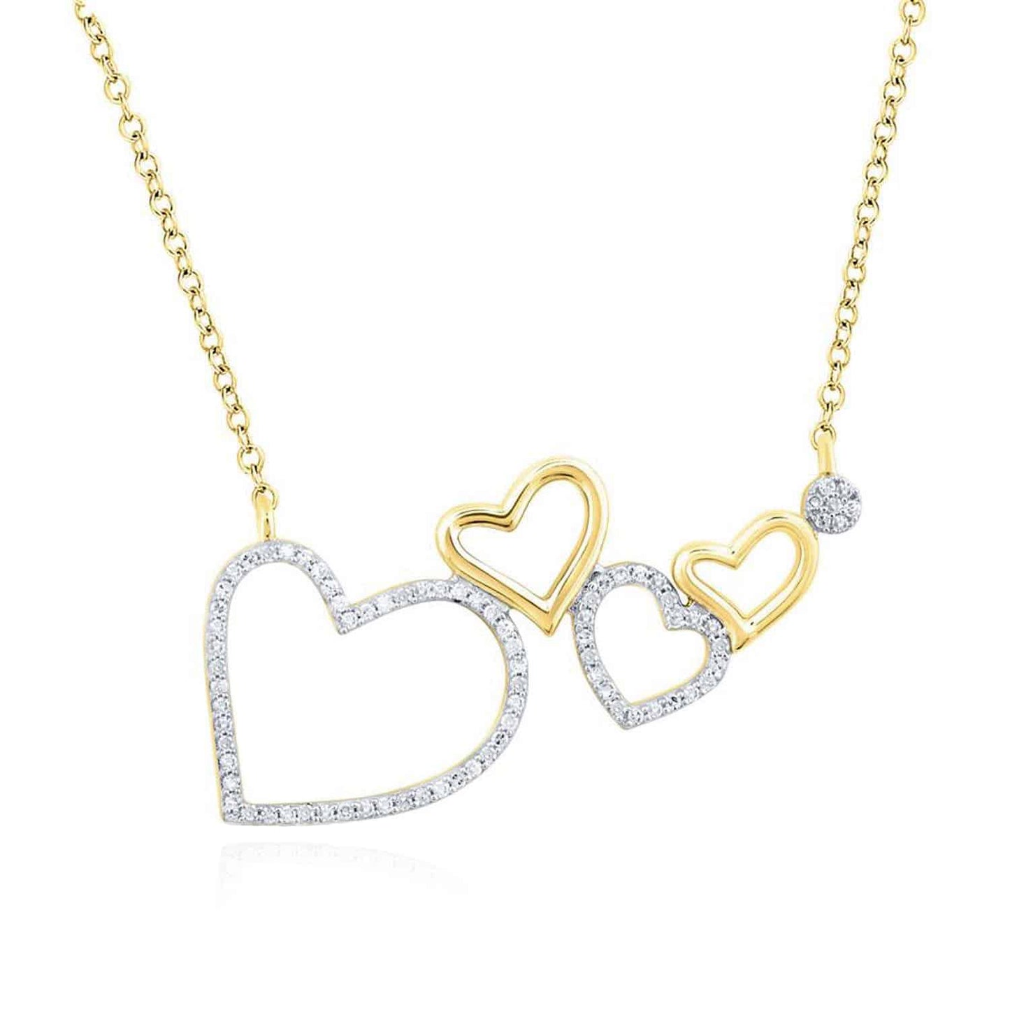 Real Diamond 10K Gold Yellow White Composite Open Hearts Pendant Necklace 18"