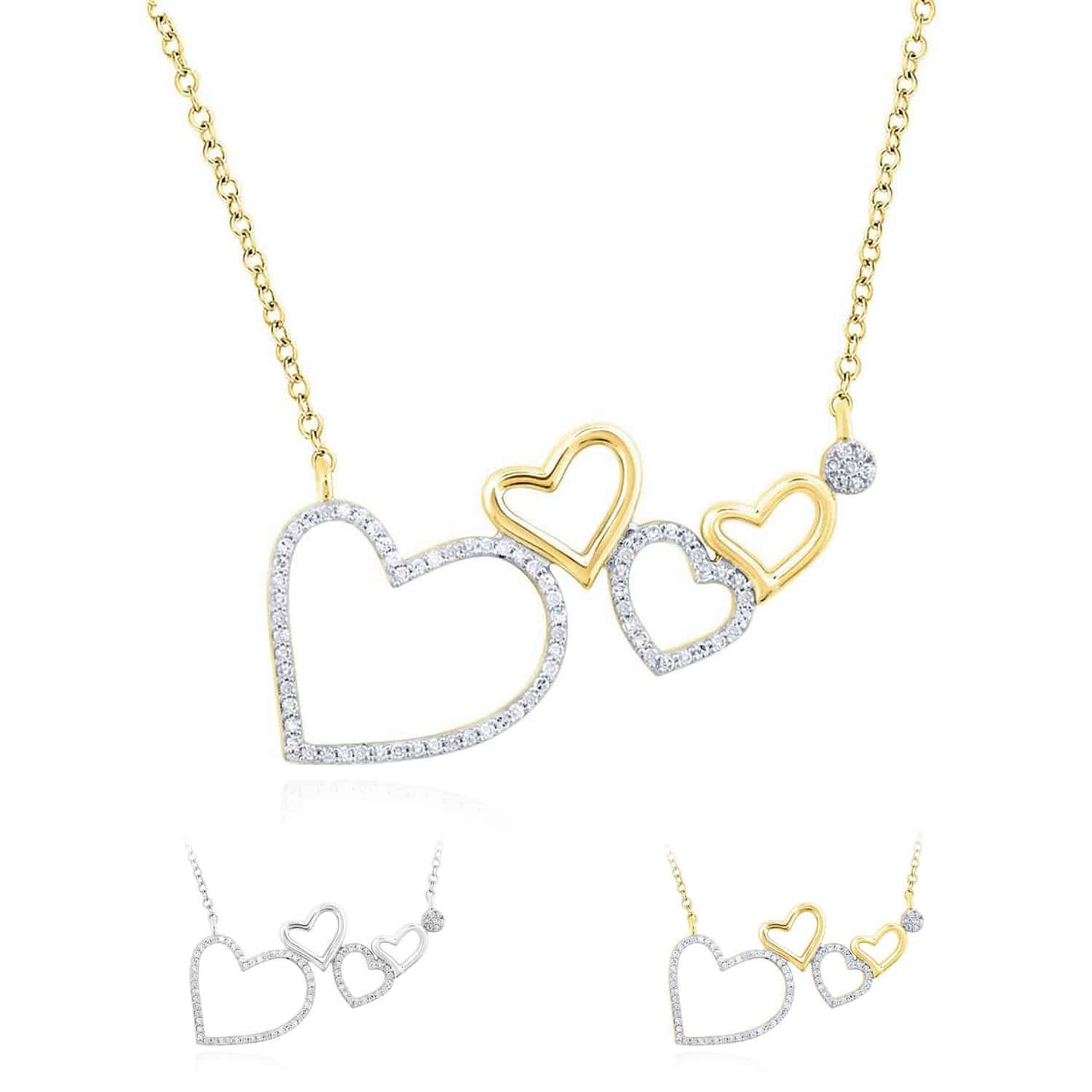 Real Diamond 10K Gold Yellow White Composite Open Hearts Pendant Necklace 18"