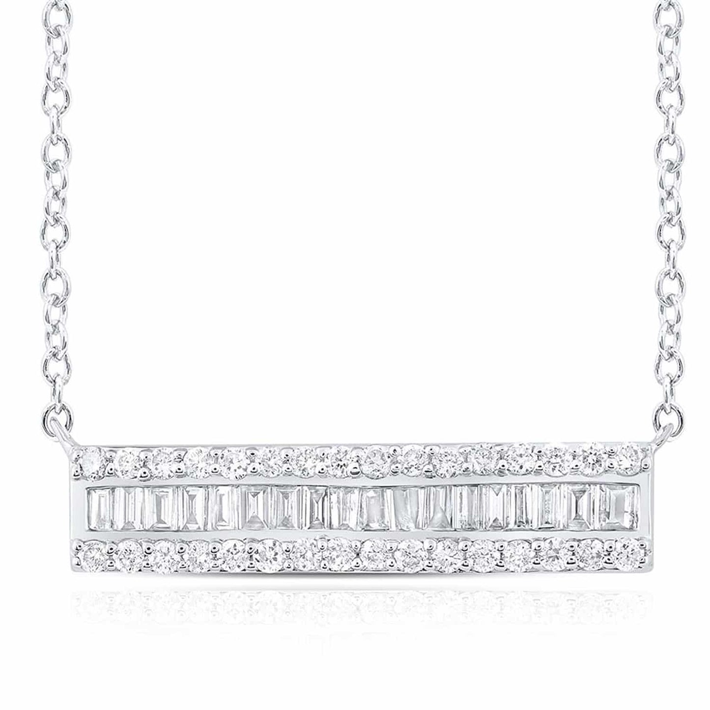 Real Diamond Round Baguette 10K White Gold Bar Pendant Chain Necklace 18"