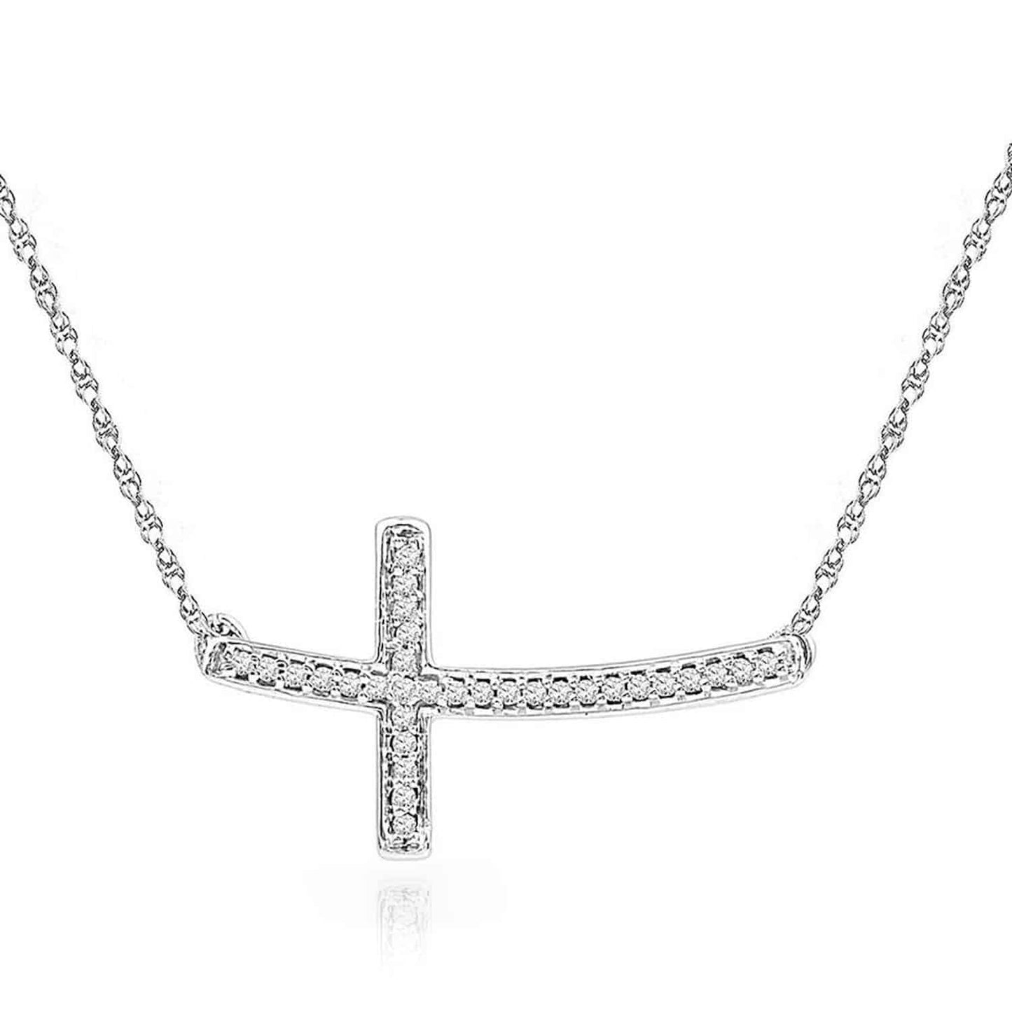 Real Diamond 18K White Gold Over Silver Sideways Cross Pendant Necklace 18"