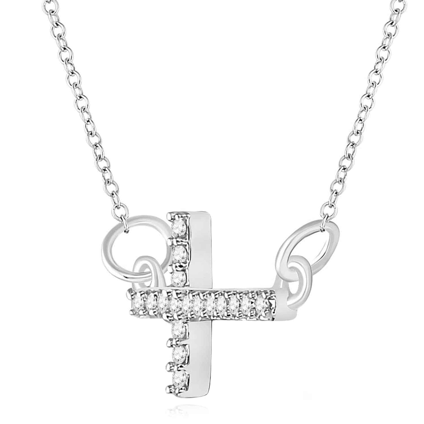 Real Diamond 18K White Gold Over Silver Sideways Cross Pendant Necklace 17"