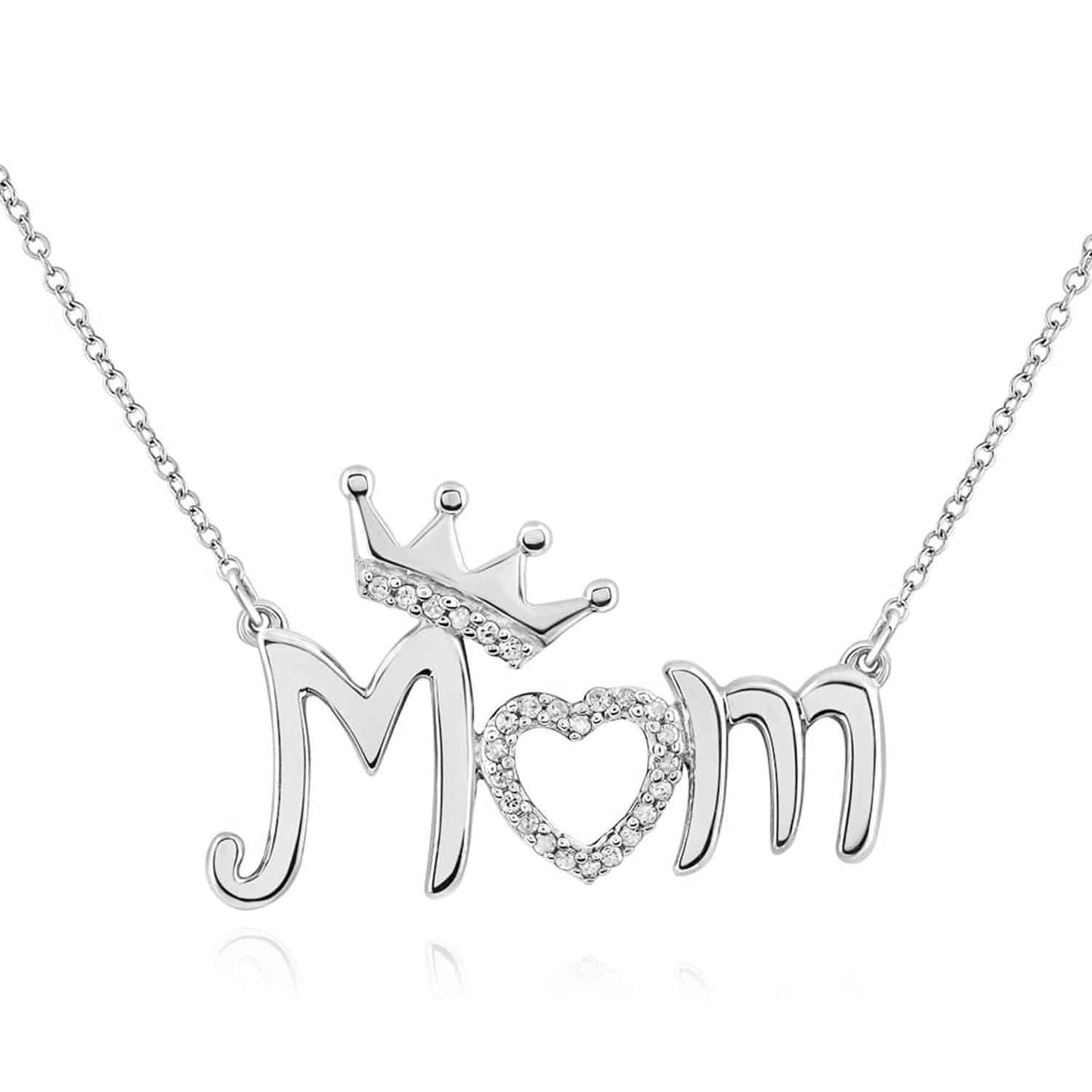 Real Diamond 18K White Gold Over Silver Crown MOM Mother Pendant Necklace 18"