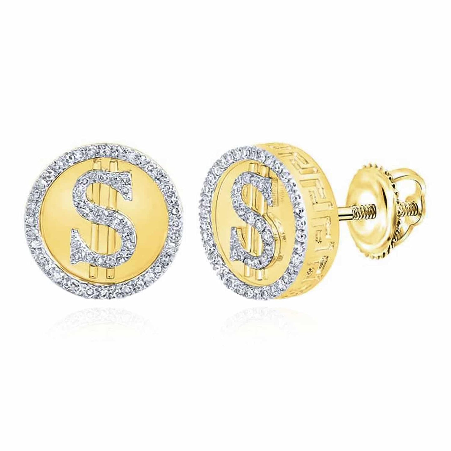 Real Diamond 10K Yellow Gold $ Dollar Sign Stud Earrings 14mm
