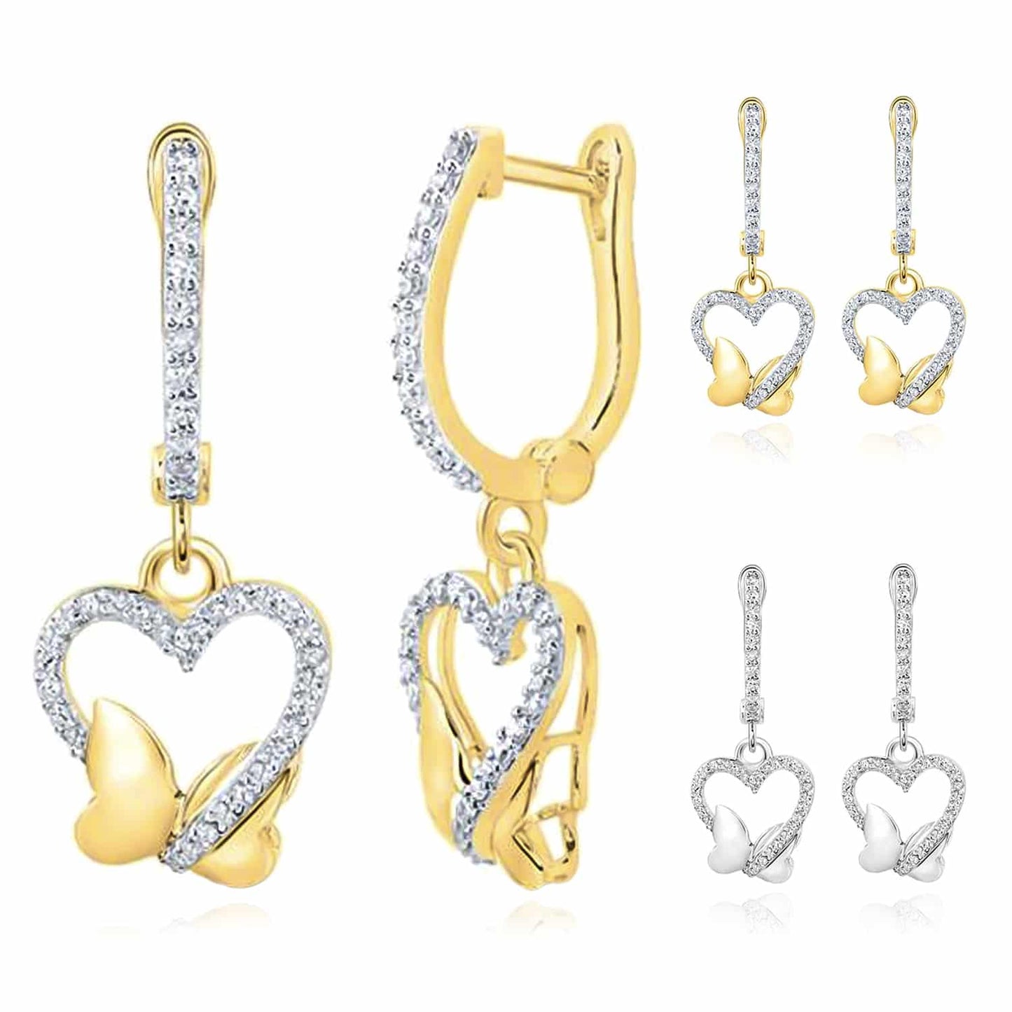 Real Diamond 10K Gold Yellow White Drop Butterfly Heart French Clip Earrings