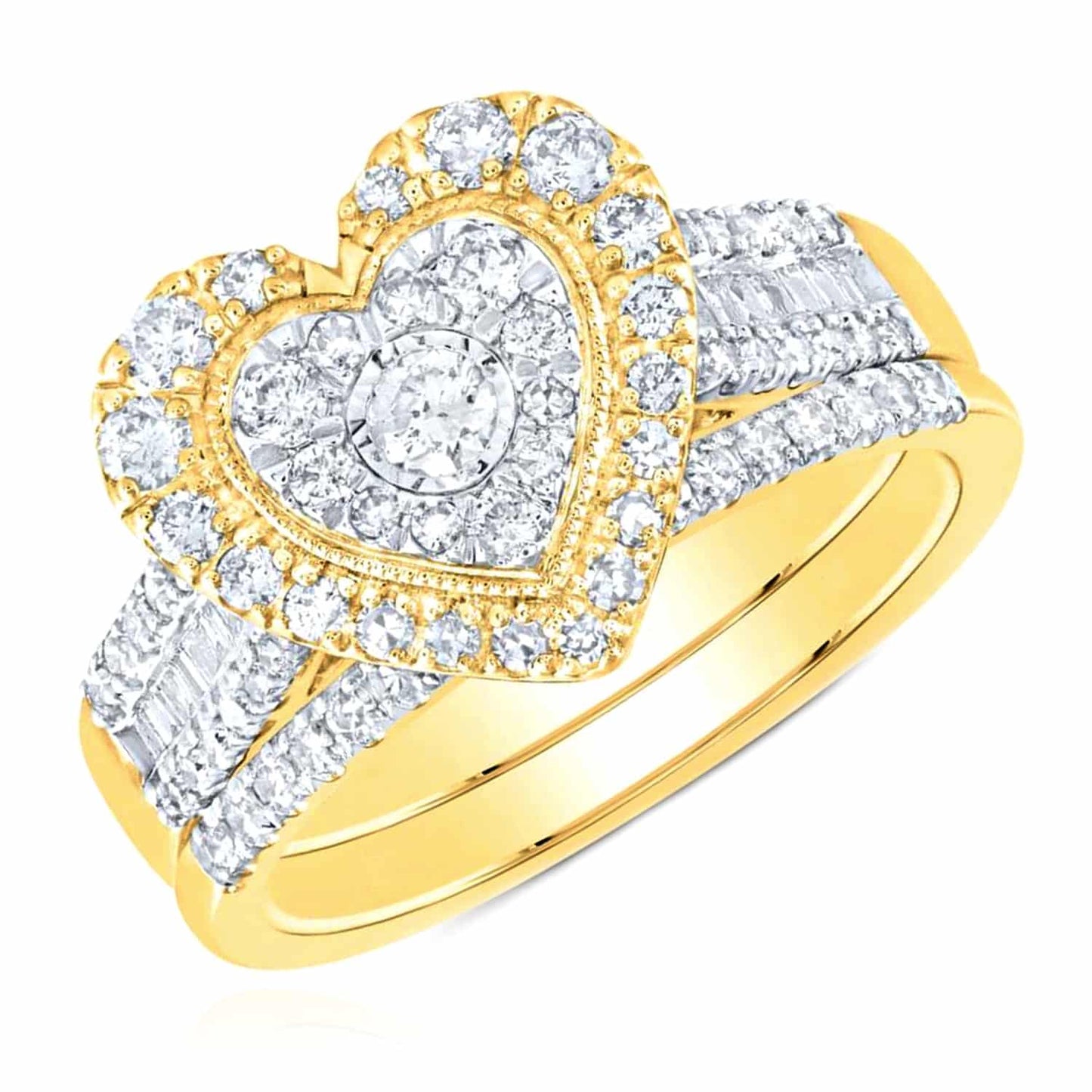 0.95CTW Real Diamond 10K Yellow Gold Round Baguette Heart Ring