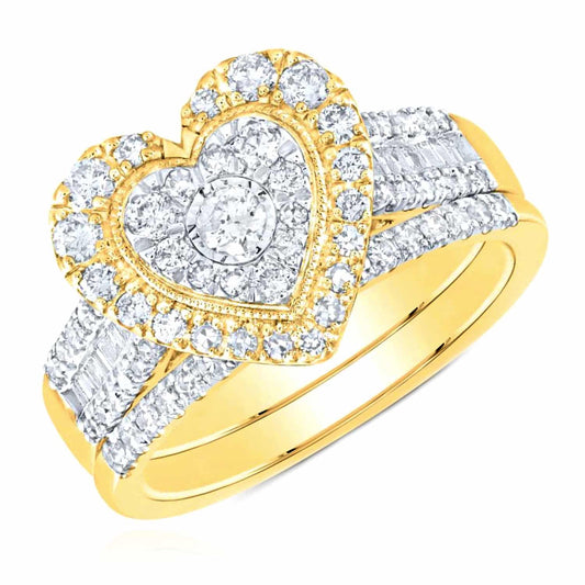 0.95CTW Natural Diamond 10K Yellow Gold Round Baguette Heart Ring