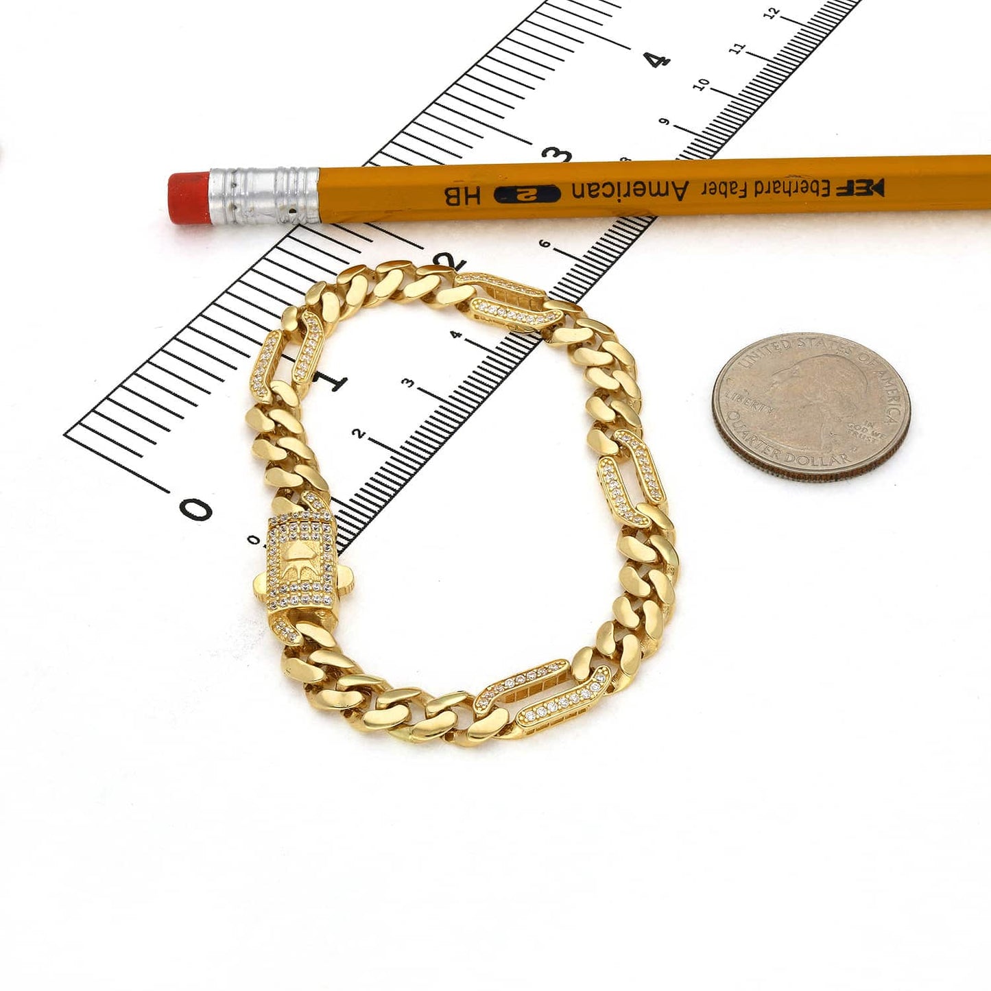 14K Gold Yellow CZ Pave 7mm Figaro Miami Cuban Bracelet 7.5"