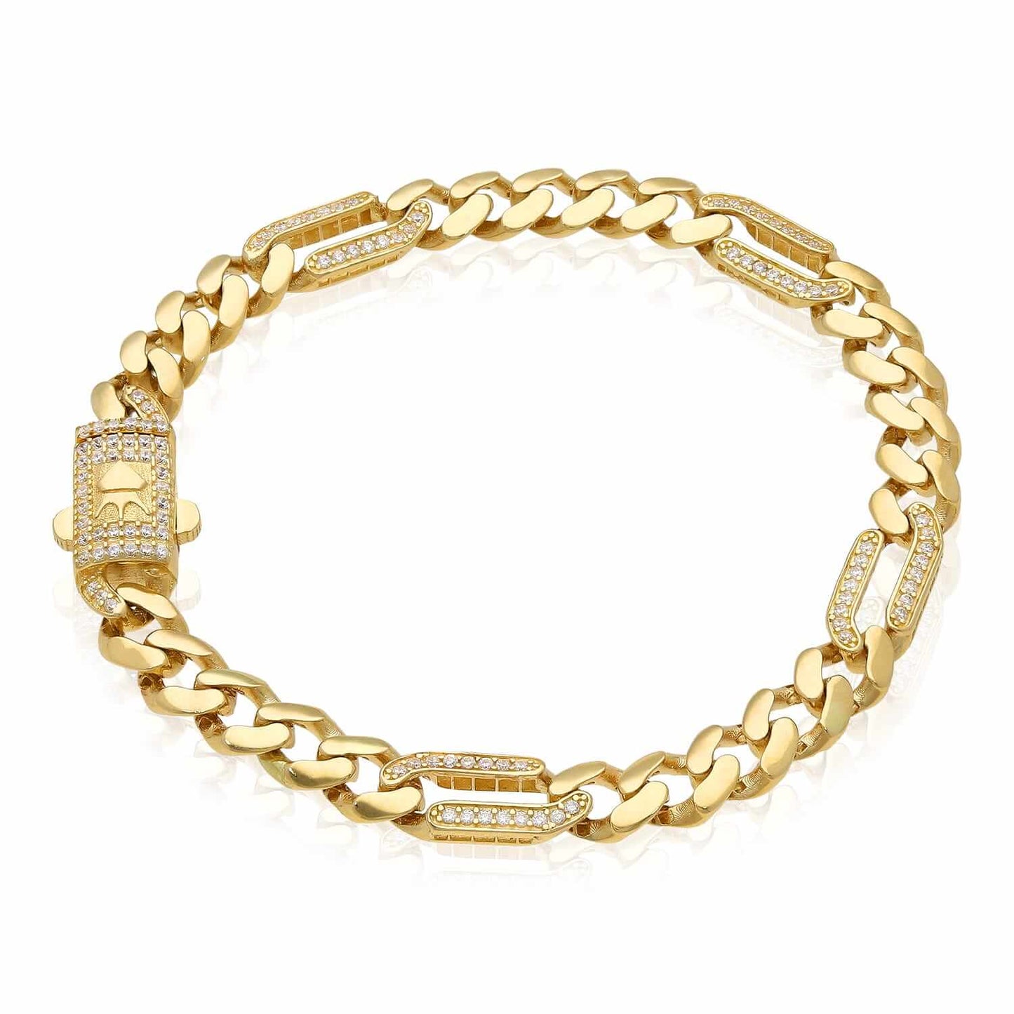 14K Gold Yellow CZ Pave 7mm Figaro Miami Cuban Bracelet 7.5"