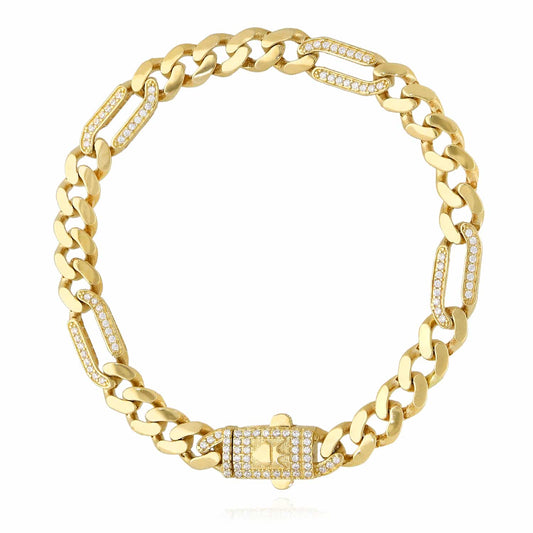 14K Yellow Gold CZ Pave 7mm Figaro Miami Cuban Bracelet (Hollow) 7.5"