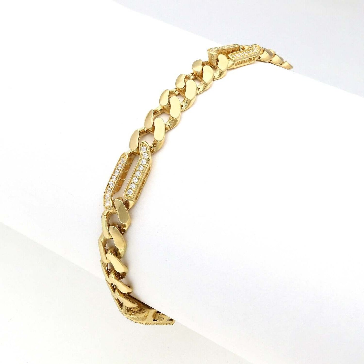 14K Gold Yellow CZ Pave 7mm Figaro Miami Cuban Bracelet 7.5"