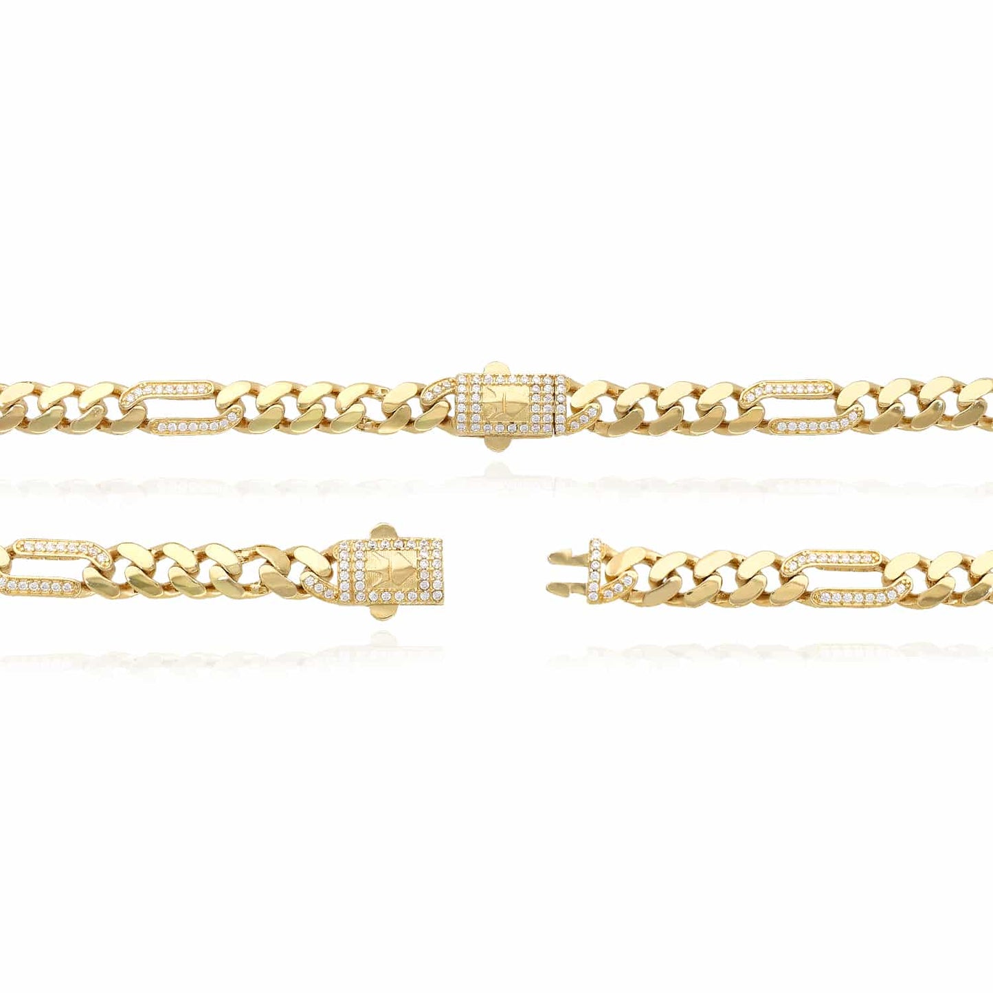14K Gold CZ 7mm Figaro Miami Cuban Chain Necklace 16"-18"